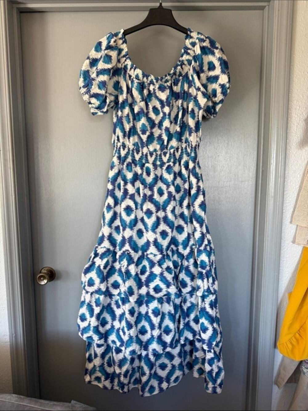 Knox Rose Blue White Tiered Maxi Dress Puff Sleeves sz L Prairie Cottage